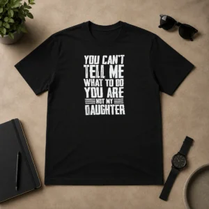 Nice You Cannot Tell Me What To Do You Are Not My Daughter t shirt in black, front view with bold white text