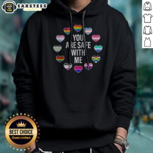 Top You Are Safe With Me Pride Month hoodie in vibrant colors, featuring a comfortable pullover design with a front pocket