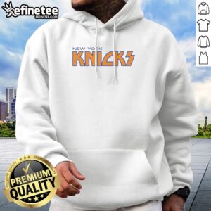 Official New York Knicks Kiss Logo Parody hoodie in navy blue with bold graphic print on front