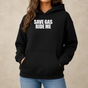 Good Save Gas Ride Me Hoodie in charcoal gray with front pocket and adjustable hood