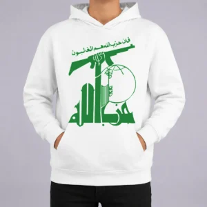Funny Flag Of Hezbollah Hoodie in black with colorful graphic print on front, cozy pullover style with drawstring hood