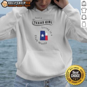 Good Just A Texas Girl Living In A Utah World State Map Hoodie featuring a cozy pullover design with front pocket and drawstring hood