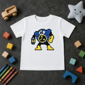 Original Blue Robot Pixel Art Mega Man Style Kids T-Shirt