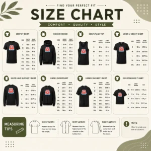 Funny Mass Fusion size chart and size guide with measurements in inches and centimeters