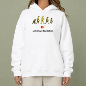 Original Late Stage Capitalism Idiocracy Evolution Hoodie in black, featuring a bold graphic design on the front