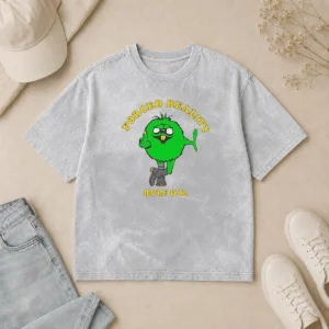 Funny Forced Reality Rule OK Green Monster Middle Finger Washed T Shirt in faded green color, showing front print and short sleeves