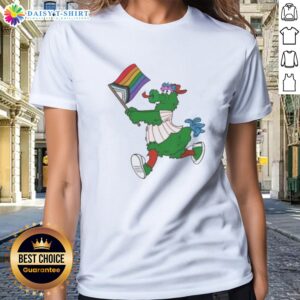 Top Philadelphia Phillies Pride Mascot Running With Progress Flag Ladies Shirt featuring vibrant colors and dynamic design.