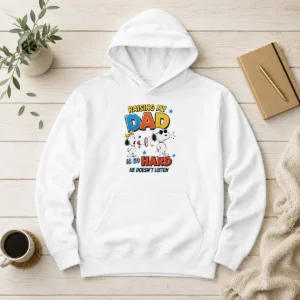 Premium Snoopy Belle Peanuts Raising My Dad Is So Hard He Does Not Listen Hoodie in black, featuring a cozy pullover design with front pocket
