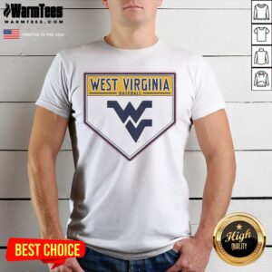 Top West Virginia Baseball Mountaineers Home Plate Logo shirt displayed on a wooden background