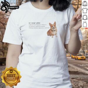 Adorable corgi in a playful pose wearing a 'Corgi Gible Dog Incapable of Being Reformed' ladies tee.