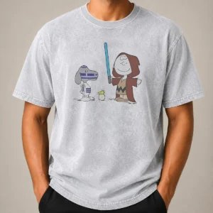 Pretty Charlie Brown Snoopy Woodstock Star Wars R2 D2 BB 8 Mashup Character Washed T-Shirt