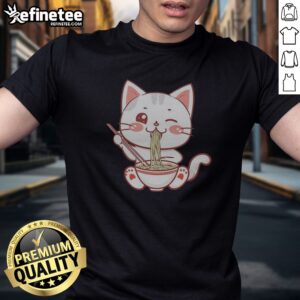 Original Kawaii Ramen Eating Cat Bowl Noodles Japanese Anime Food Lover t-shirt featuring a cute cat design.