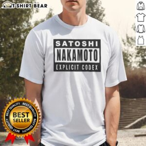 Pretty Satoshi Nakamoto Explicit Codex Bitcoin Cryptocurrency White Graphic Shirt displayed on a hanger.