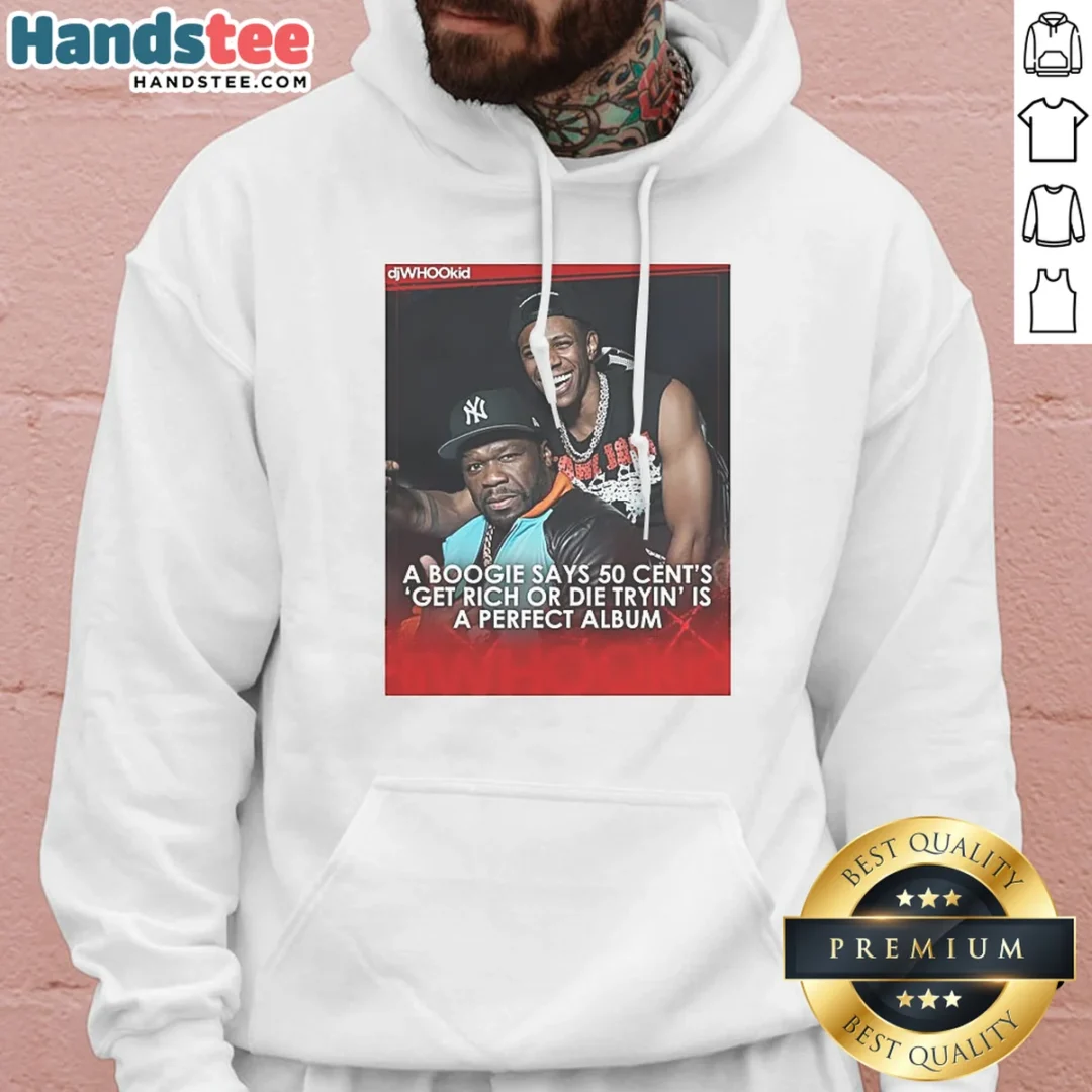 awesome-a-boogie-calls-50-cent-get-rich-or-die-tryin-a-perfect-album-hoodie Awesome A Boogie Calls 50 Cent Get Rich Or Die Tryin A Perfect Album Hoodie in black, featuring front graphic print and drawstring hood