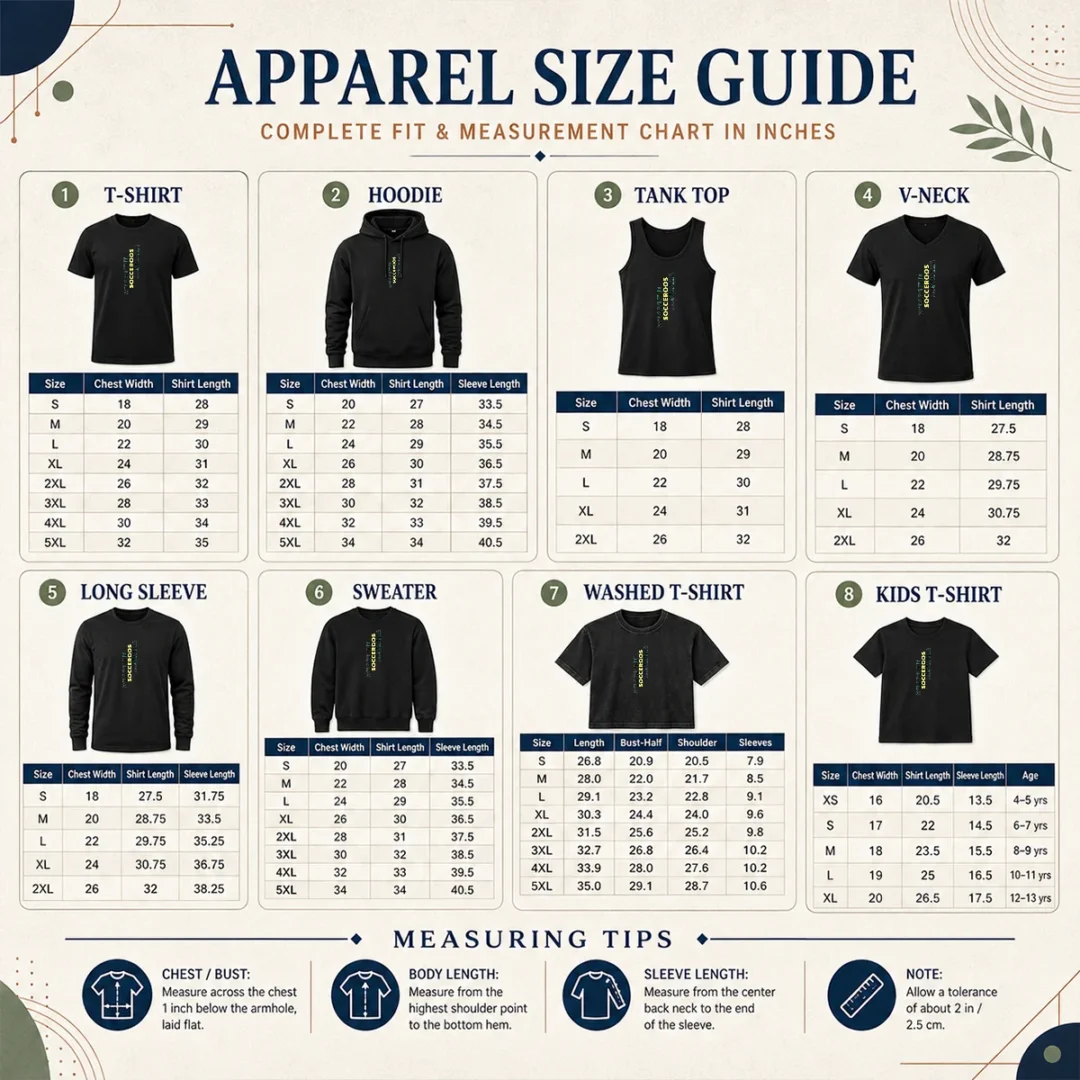 Awesome Nice We Are The Socceroos Australia Size Chart Size chart for Awesome Nice We Are The Socceroos Australia with measurements in inches and cm