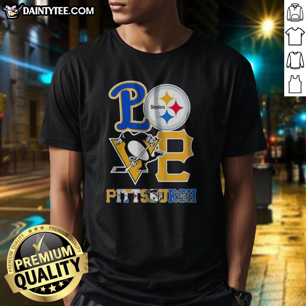 awesome-pittsburgh-steelers-pittsburgh-penguins-pittsburgh-pirates-love-pittsburgh-teams-sport-shirt Awesome Pittsburgh Steelers Pittsburgh Penguins Pittsburgh Pirates Love Pittsburgh Teams Sport Shirt displayed on a hanger
