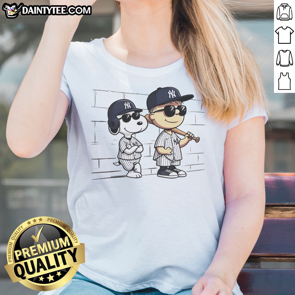 awesome-snoopy-and-charlie-brown-baseball-wearing-new-york-yankees-jersey-ladies-shirt Awesome Snoopy And Charlie Brown Baseball Wearing New York Yankees Jersey Ladies Shirt featuring a playful design.
