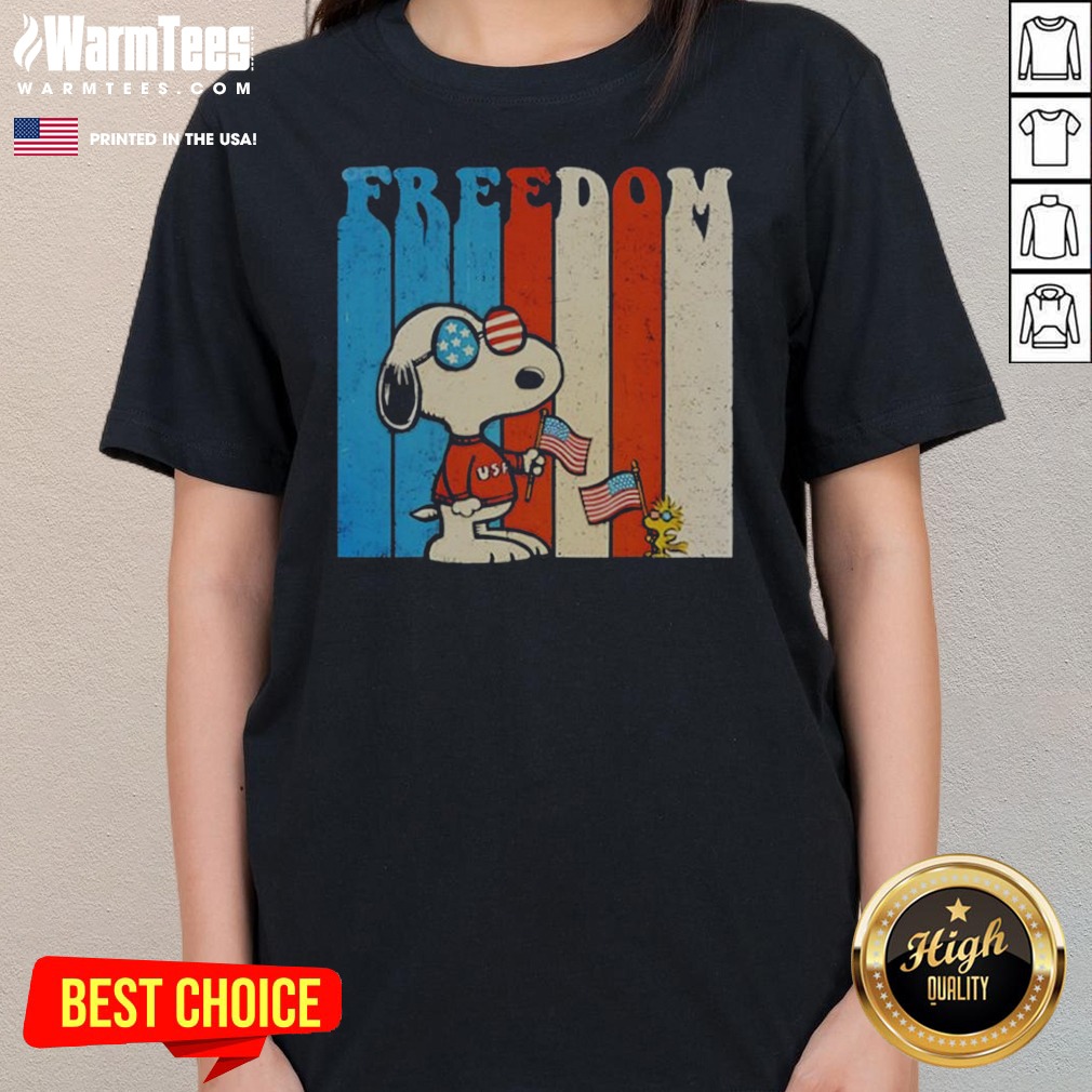 awesome-snoopy-and-woodstock-peanuts-freedom-usa-250th-anniversary-ladies-tee Awesome Snoopy And Woodstock Peanuts Freedom USA 250th Anniversary Ladies Shirt in white, classic fit short sleeve tee