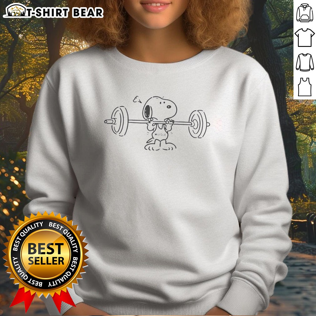 awesome-snoopy-peanuts-muisle-holding-barbell-sweatshirt Awesome Snoopy Peanuts Muisle Holding Barbell Sweatshirt displayed on a neutral background