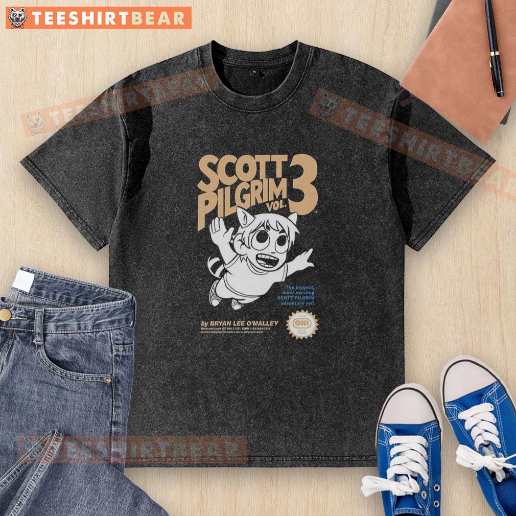 awesome-the-biggest-most-exiting-adventure-scott-pilgrim-vol-3-scott-pilgrim-washed-t-shirt Scott Pilgrim Vol 3 washed t-shirt featuring vibrant artwork from 'Awesome: The Biggest Adventure' comic series.