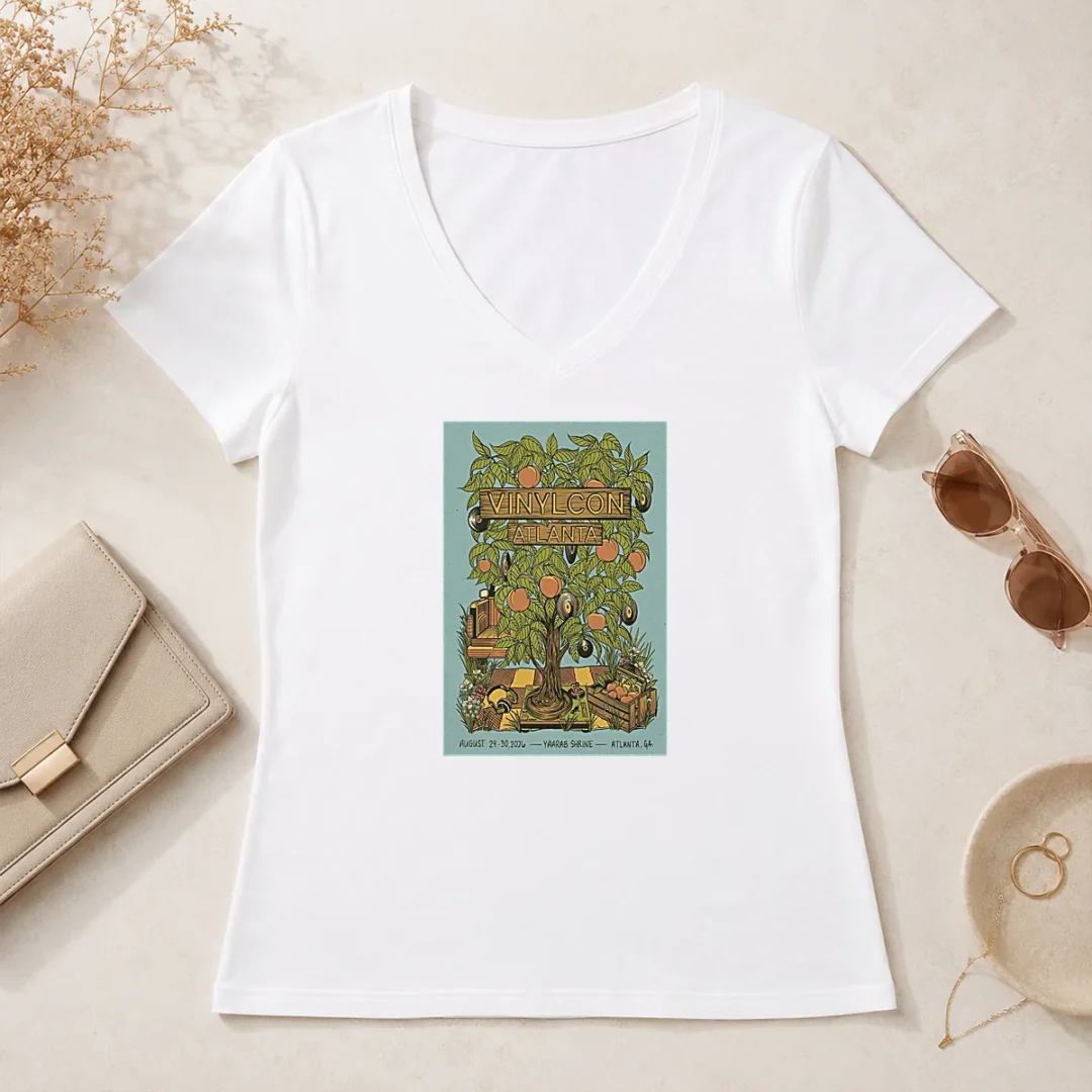 Awesome Vinylcon Aug 29 30 2026 Yaarab Shrine Atlanta GA Poster V Neck Shirt Awesome Vinylcon Aug 29 30 2026 Yaarab Shrine Atlanta GA Poster V Neck Shirt in black with colorful event graphic