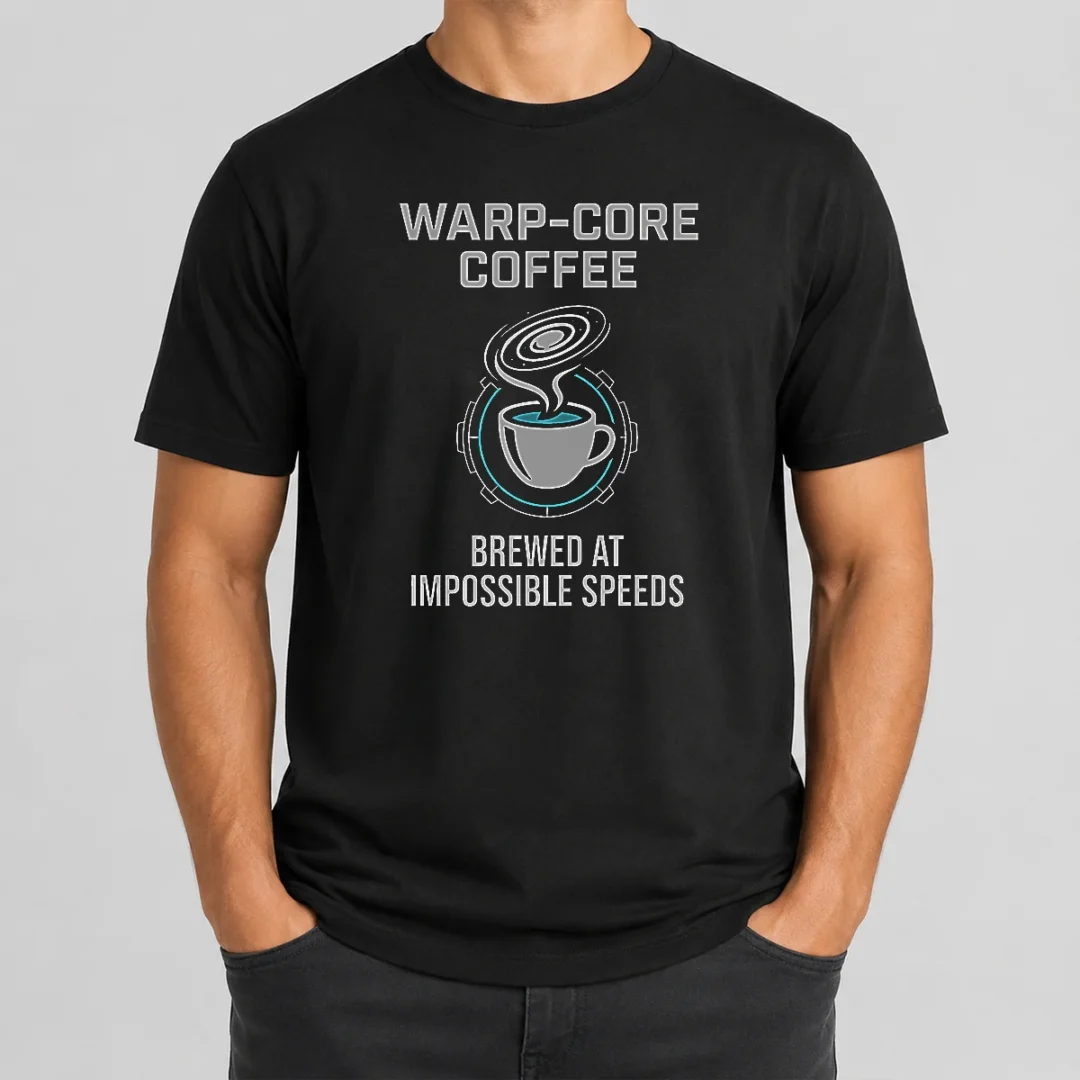 Awesome Warp Core Coffee Brewed At Impossible Speeds T Shirt Awesome Warp Core Coffee Brewed At Impossible Speeds t shirt in black, front view with bold white and red graphic print