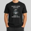 Awesome Warp Core Coffee Brewed At Impossible Speeds t shirt in black, front view with bold white and red graphic print