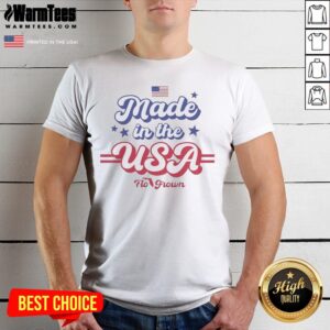 Funny Made In The USA Flo Grown American Flag Patriotic Stars Text Design shirt displayed on a hanger
