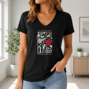 Pretty Street Life Tattoo Symbols Flash Art V Neck Shirt featuring bold tattoo-inspired graphics on a comfortable v neck garment