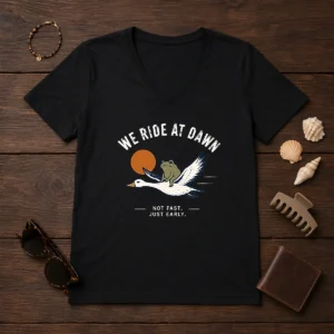 Awesome We Ride At Dawn Not Fast Just Early Duck Frog V-Neck Shirt