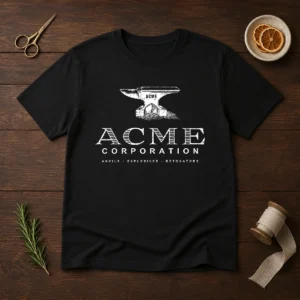 Premium ACME Corporation Anvils Explosives Detonators t shirt in black cotton, front view with bold graphic print