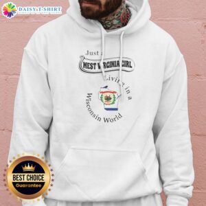 Awesome Just A West Virginia Girl Living In A Wisconsin World Hoodie in dark gray, cozy pullover with front pocket and drawstring hood