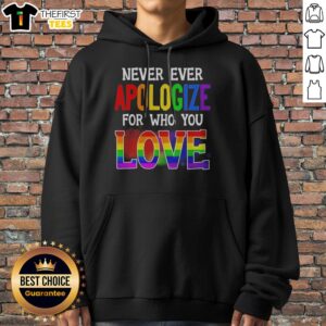 Official Never Ever Apologize For WHO You Love Pride Month Hoodie displayed on a neutral background