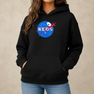 Pretty Red 5 NASA Parody Logo Hoodie in vibrant red with bold NASA-inspired graphic on front