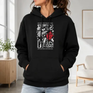 Pretty Street Life Tattoo Symbols Flash Art Hoodie in black with vibrant tattoo-inspired graphics on front