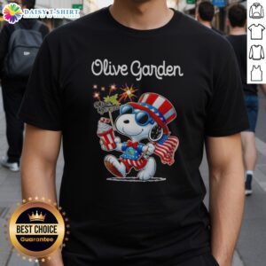 Official Snoopy X Olive Garden Fourth Of July American 250 Years 1776 2026 Fireworks Shirt displayed on a hanger