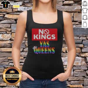Top LGBTQ No Kings Yas Queens Rainbow Crown Trans Flag Tank top featuring vibrant colors and a bold design.