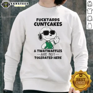 Official Snoopy Peanuts Fcktards Cuntcakes And Twatwaffles Are Not Tolerated Here sweatshirt in black, front view with bold text design