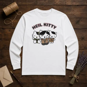 Hot Heil Kitty Parody Satire Cartoon Funny Long Sleeve Shirt with bold graphic print on a comfortable cotton blend fabric