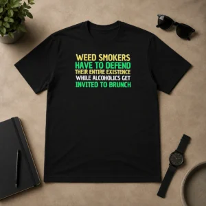 Pretty Weed Smokers Have To Defend Their Entire Existence While Alcoholics Get Invited To Brunch graphic t shirt front view
