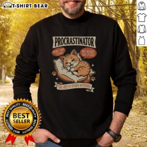 Official Procrastinator Cat Sweatshirt featuring a playful cat graphic, perfect for casual wear.