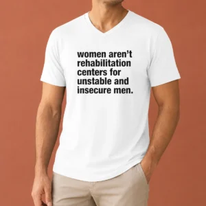 Good Women Aren'T Rehabilitation Centers For Unstable And Insecure Men V Neck Shirt in dark color with bold white text on front