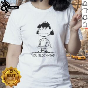 Premium Lucy Peanuts You Blockhead Ladies Tee featuring a vibrant graphic of Lucy from Peanuts in a stylish design.