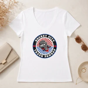 Good Rocket City Trash Pandas Baseball Team Mascot Logo Rocket City Trash Pandas V Neck Shirt in dark color with logo front and center