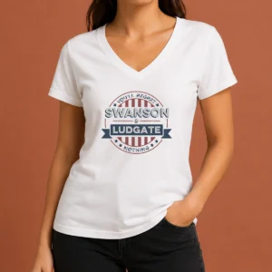Good Swanson And Ludgate You Will Regret Nothing Parks And Recreation Parody V Neck Shirt in black, soft cotton fabric