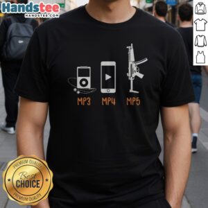 Original MP3 MP4 MP5 Shirt displayed on a model, showcasing vibrant colors and unique design.