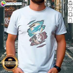 Nice Miami Dolphins Florida State Seminoles NFL NCAA Ripped Effect Shirt displayed on a hanger