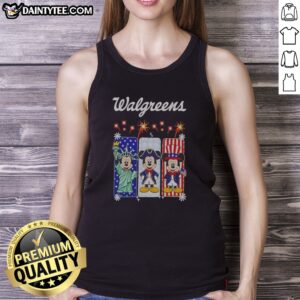 Original Walgreens Mickey Mouse Statue Of Liberty Patriot Uncle Sam USA Tank top in classic white, featuring bold patriotic graphic