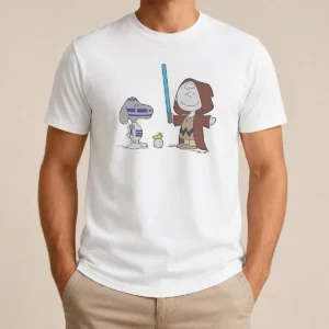 Pretty Charlie Brown Snoopy Woodstock Star Wars R2 D2 BB 8 Mashup Character t shirt featuring a unique crossover graphic on a classic crew neck tee