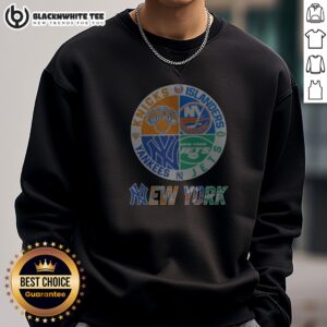 Nice Original New York Yankees Knicks Islanders Jets 4 Teams Sports Logo Sweashirt in classic fit with team logos on front